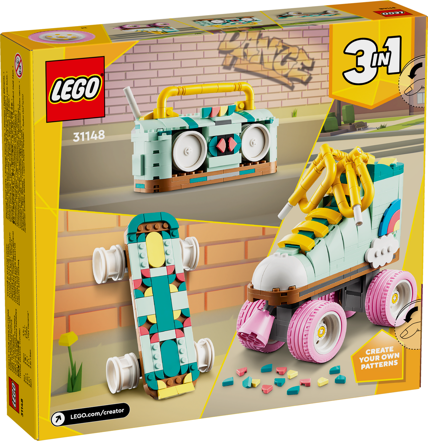 LEGO set packaging with skateboard, roller skates, and boombox on a yellow background