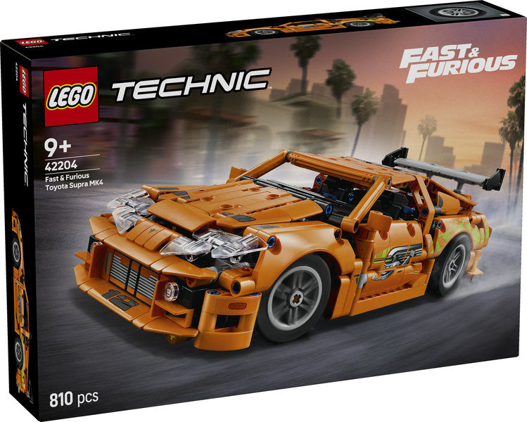 Packaging for the LEGO Technic Fast and Furious Toyota Supra MK4 set, predominantly orange in color.