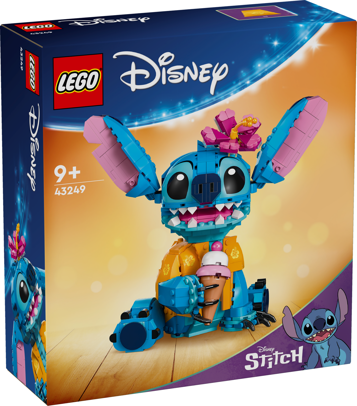 Box Packaging for LEGO Disney set featuring the character Stitch with a Hawaiian shirt and an ice cream cone.
