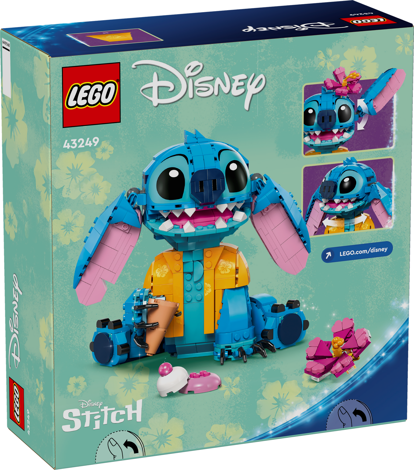 Back of Box Packaging for LEGO Disney set featuring the character Stitch with a Hawaiian shirt and an ice cream cone.