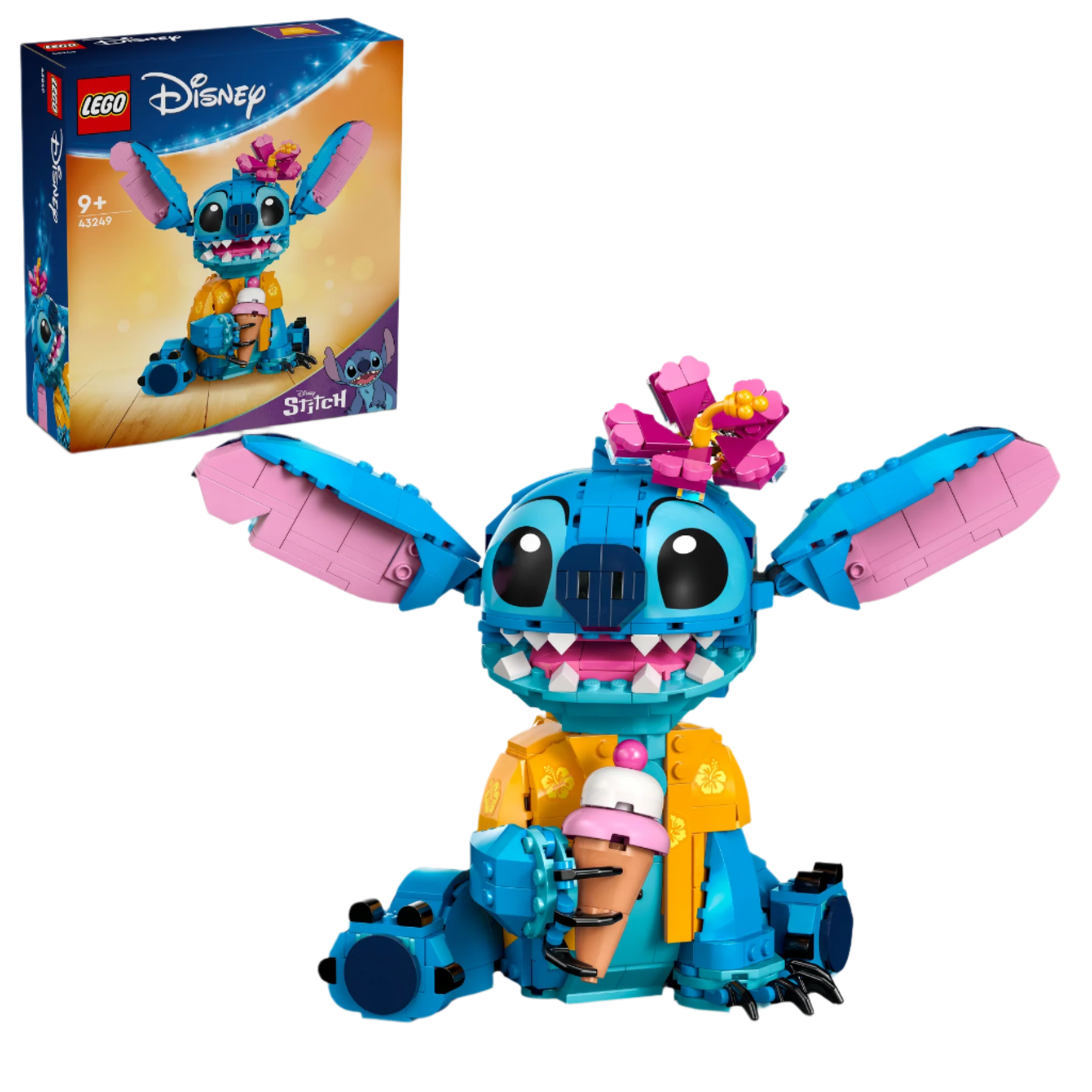 LEGO Disney set featuring the character Stitch with a Hawaiian shirt and an ice cream cone.