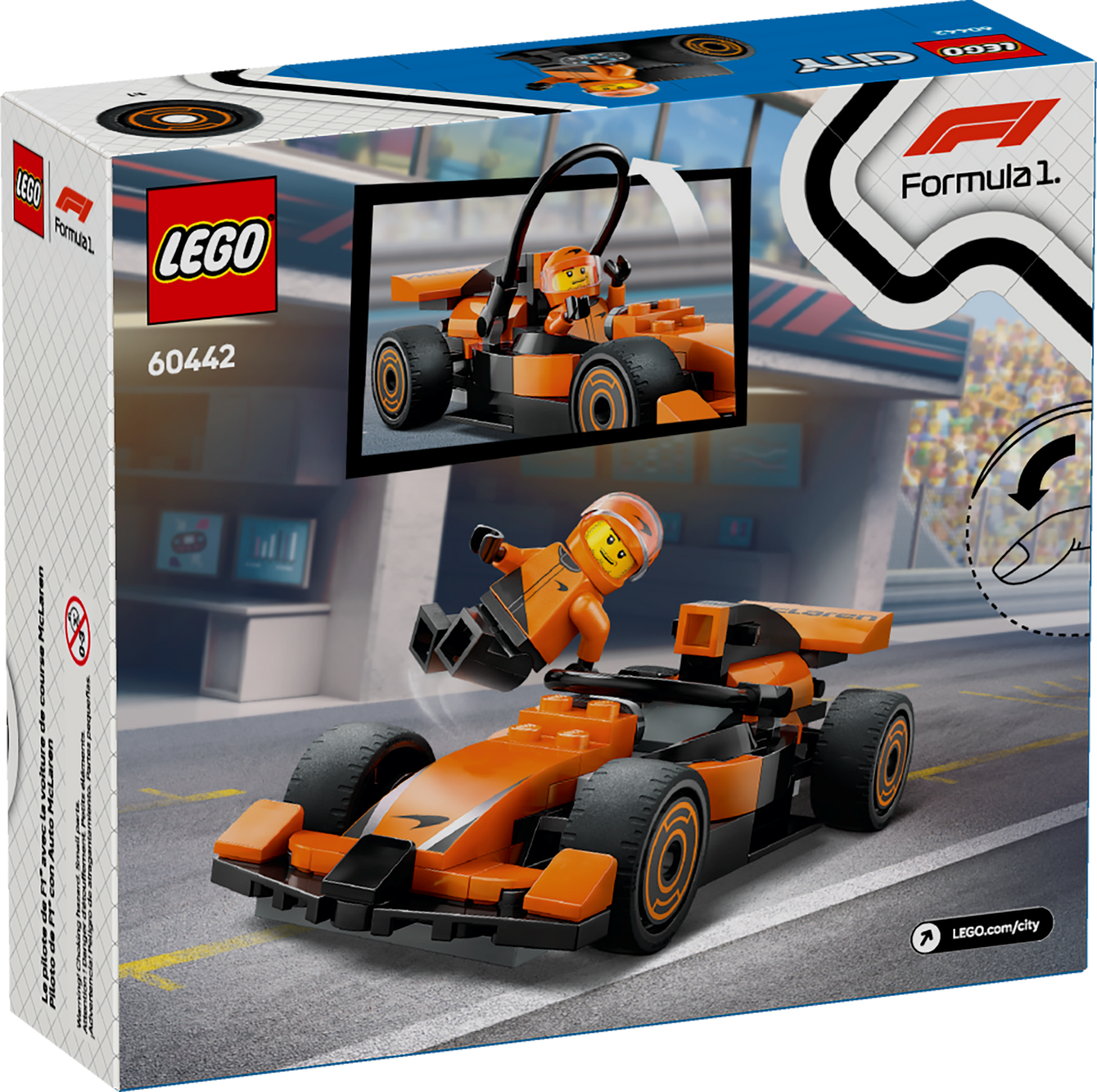 Back of packaging box for LEGO City: F1® Driver with McLaren Race Car set and the assembled orange and black race car model with a minifig driver.
