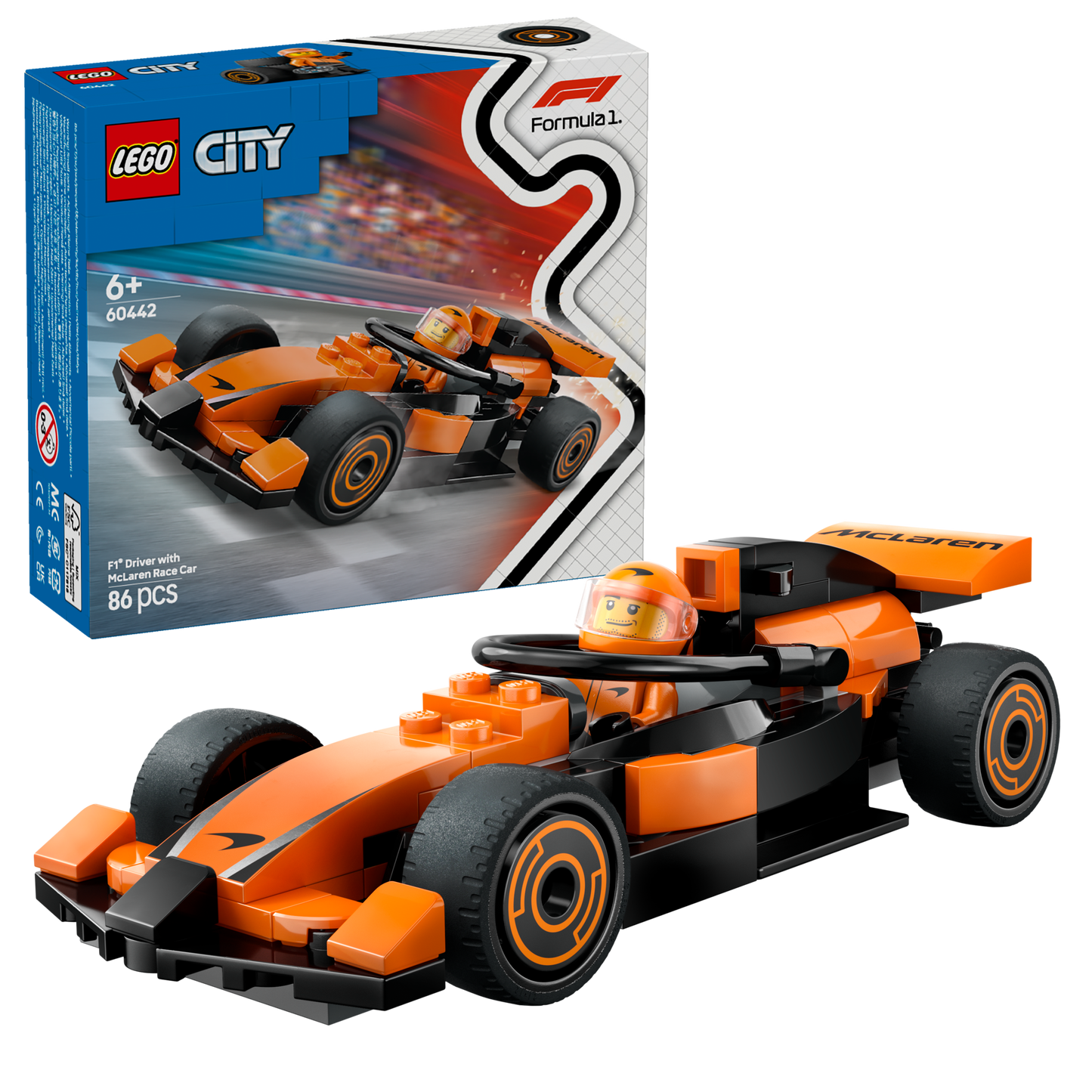 LEGO City: F1® Driver with McLaren Race Car set packaging and the assembled orange and black race car model with a minifig driver.