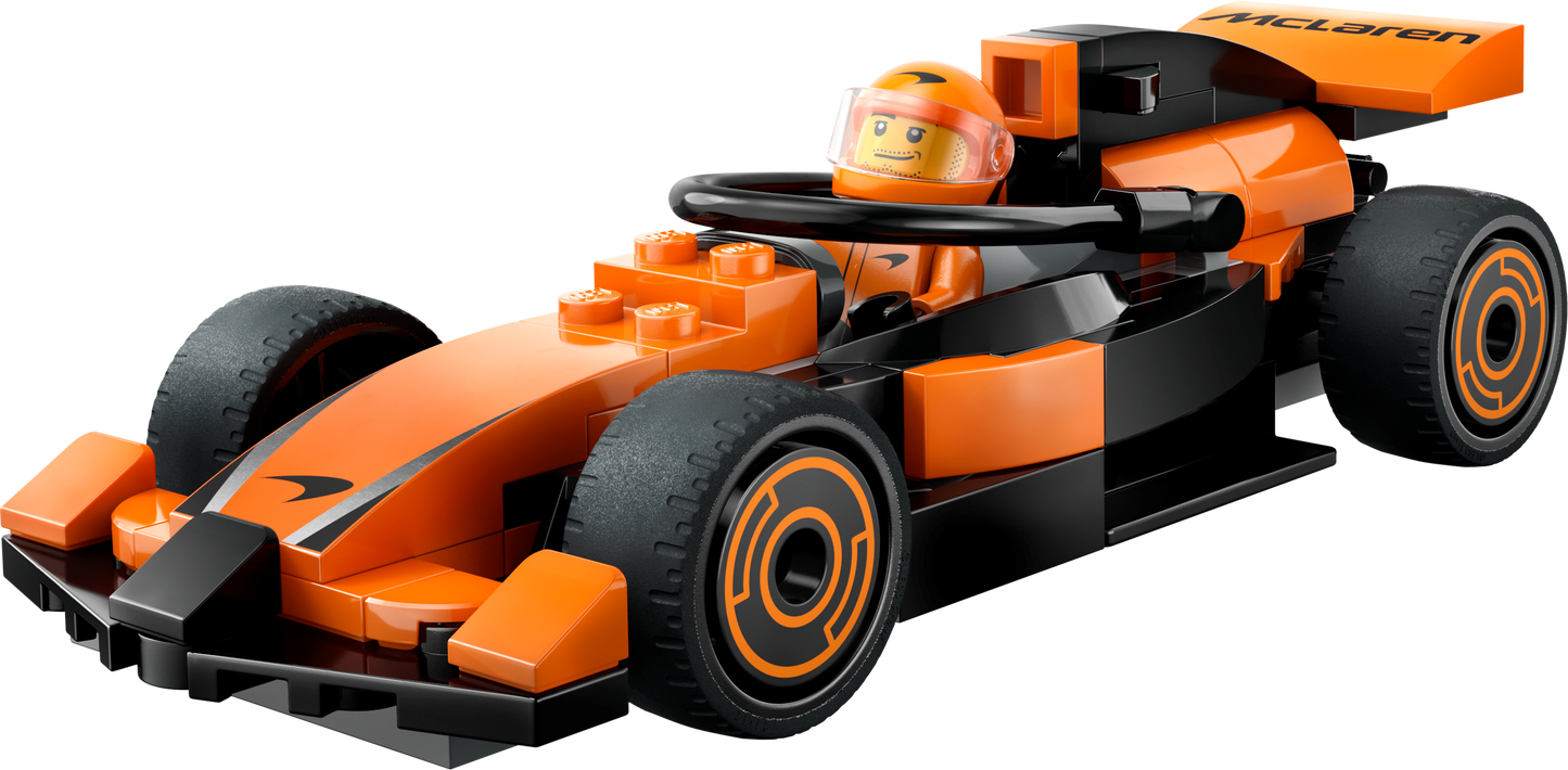 LEGO City: F1® Driver with McLaren Race Car set and the assembled orange and black race car model with a minifig driver.