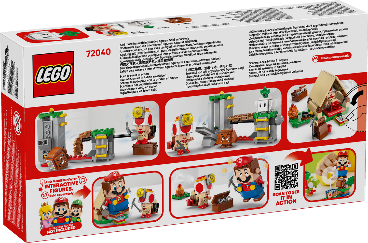 Back of product packaging for LEGO Super Mario 72040 packaging with character illustrations and interactive elements.