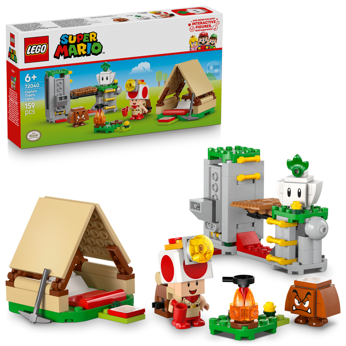LEGO Super Mario set with packaging, characters, and structures on a white background.