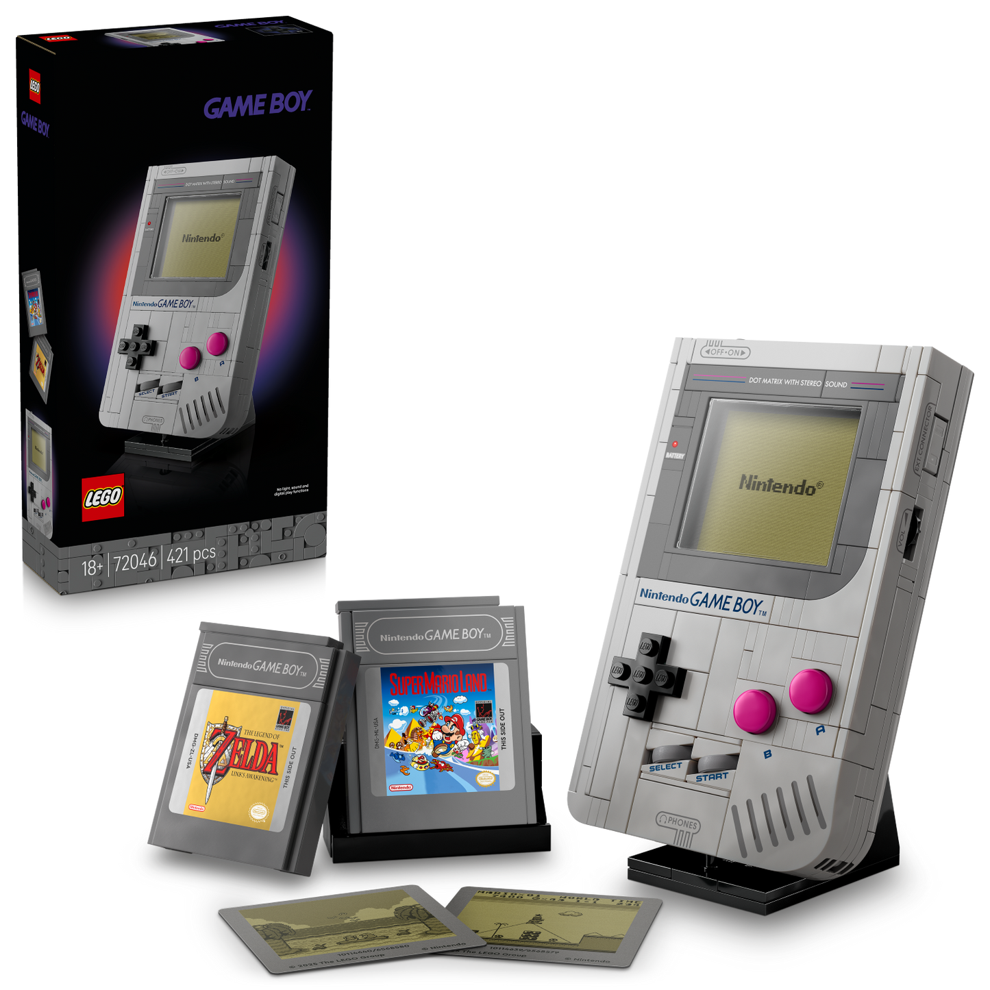 LEGO Nintendo Game Boy set with packaging and game cards on a white background