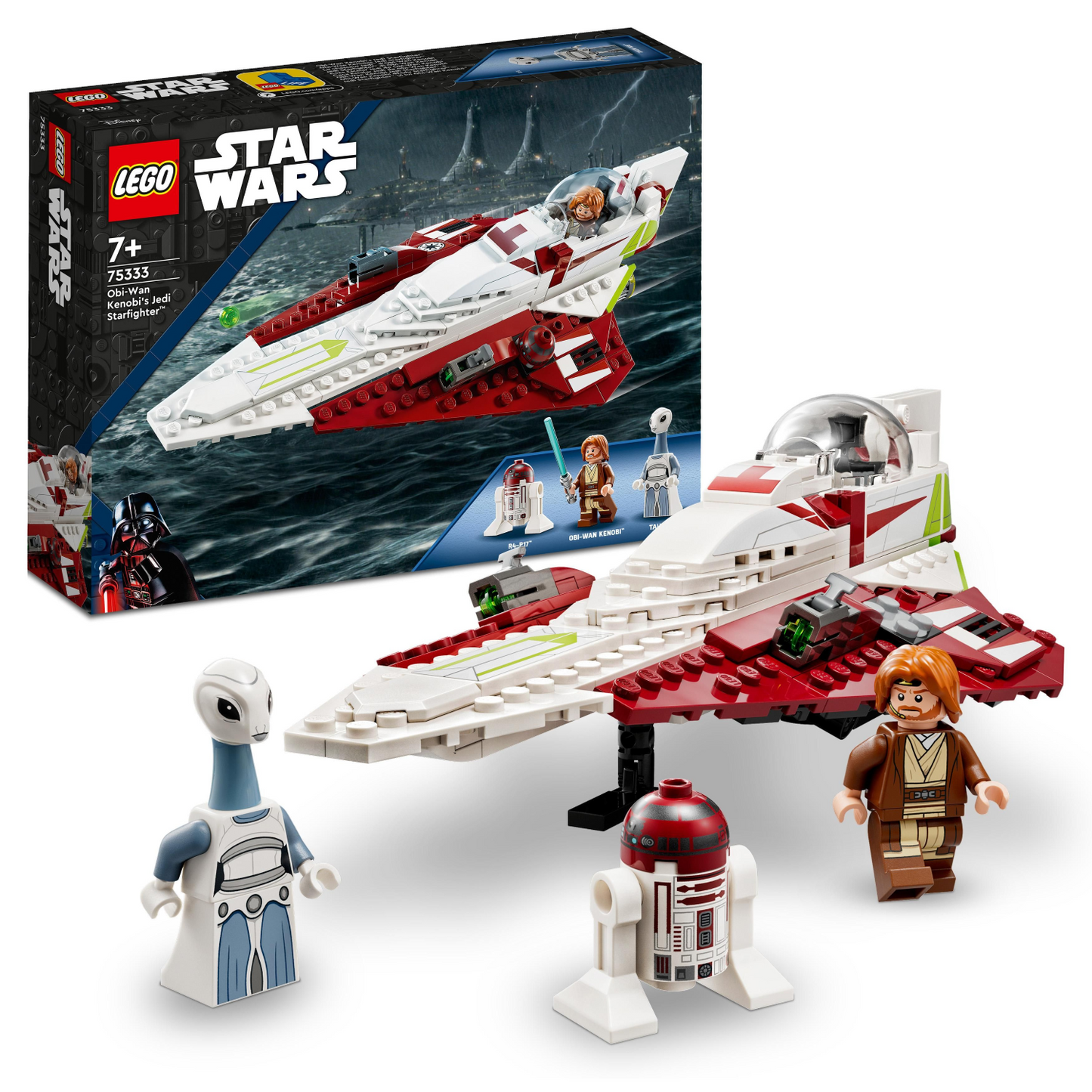 LEGO Star Wars set with spaceship model, figures, and packaging on a white background