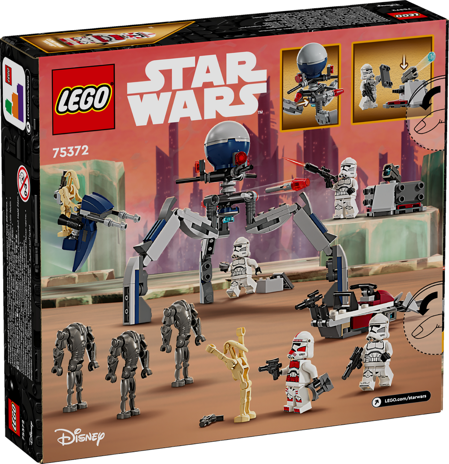 LEGO Star Wars set packaging with figures and robots on a brown background