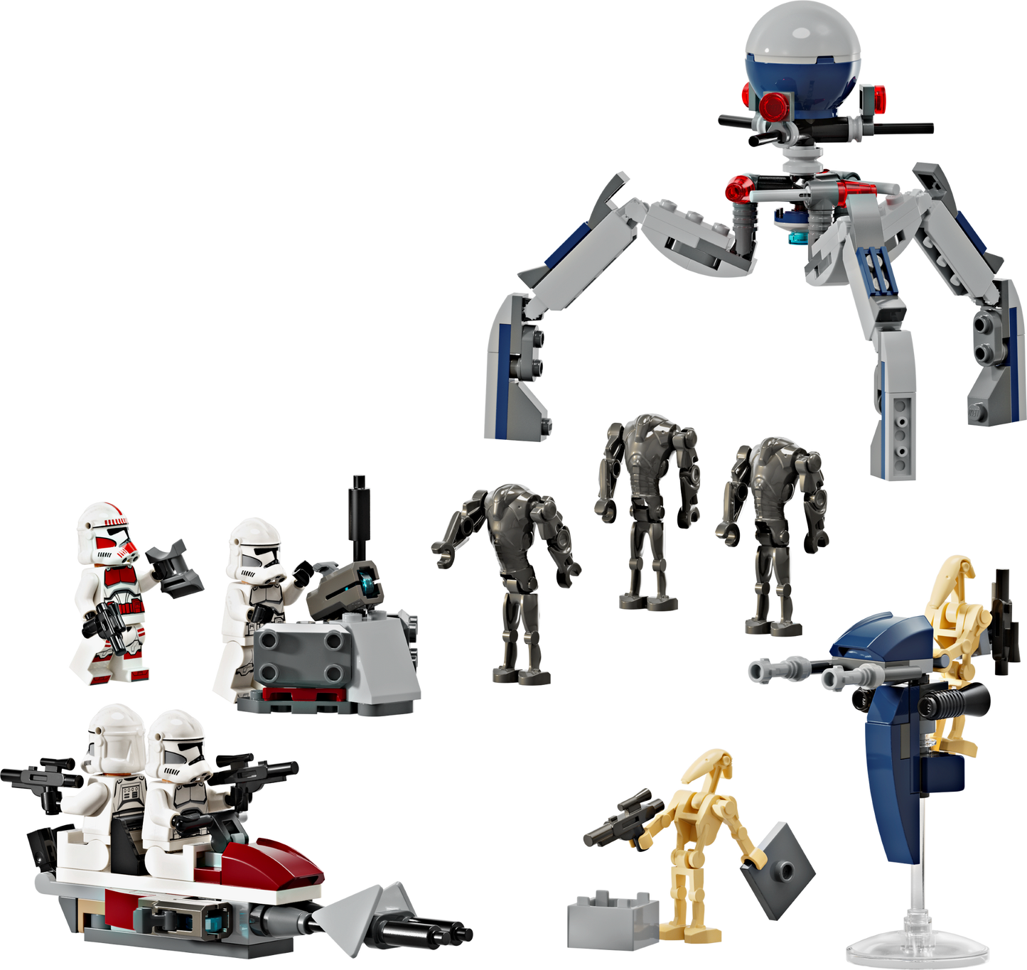 Collection of LEGO toy star wars figures and robots on a white background