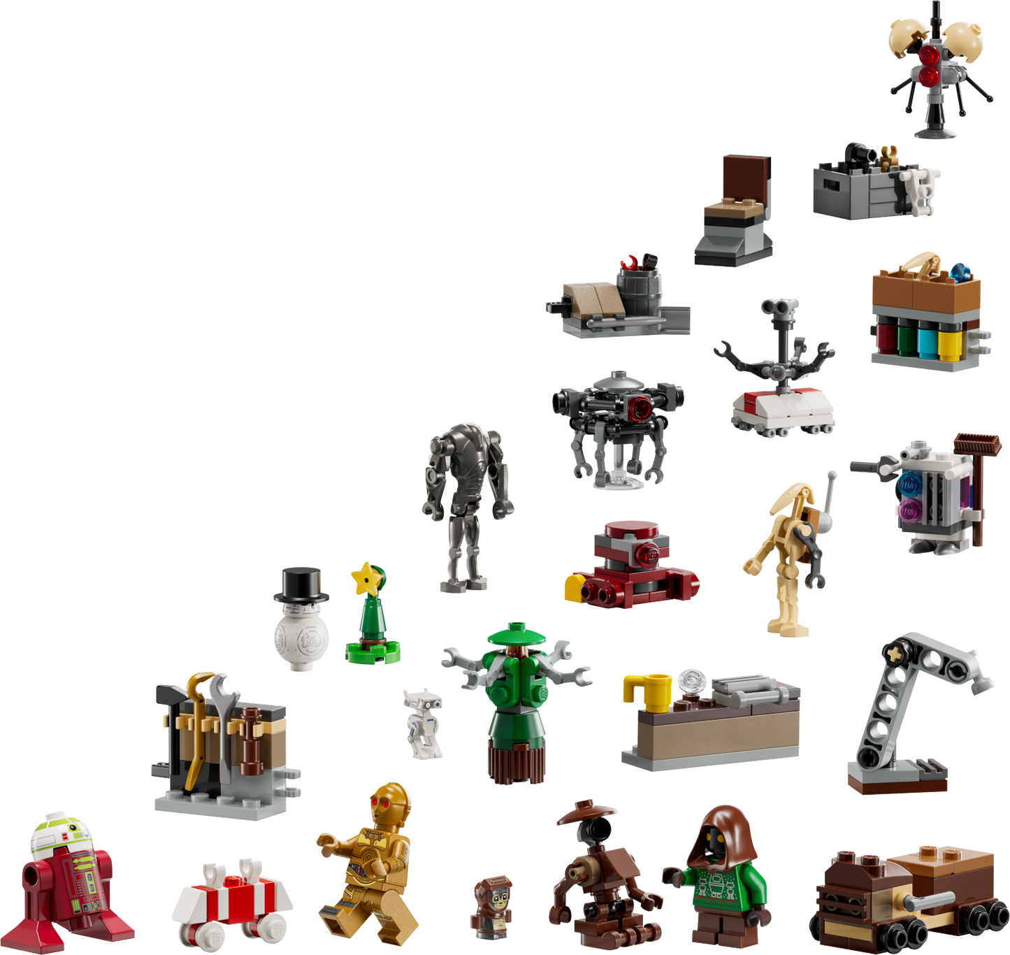 LEGO Star Wars Advent Calendar with various mini figures and set pieces displayed.