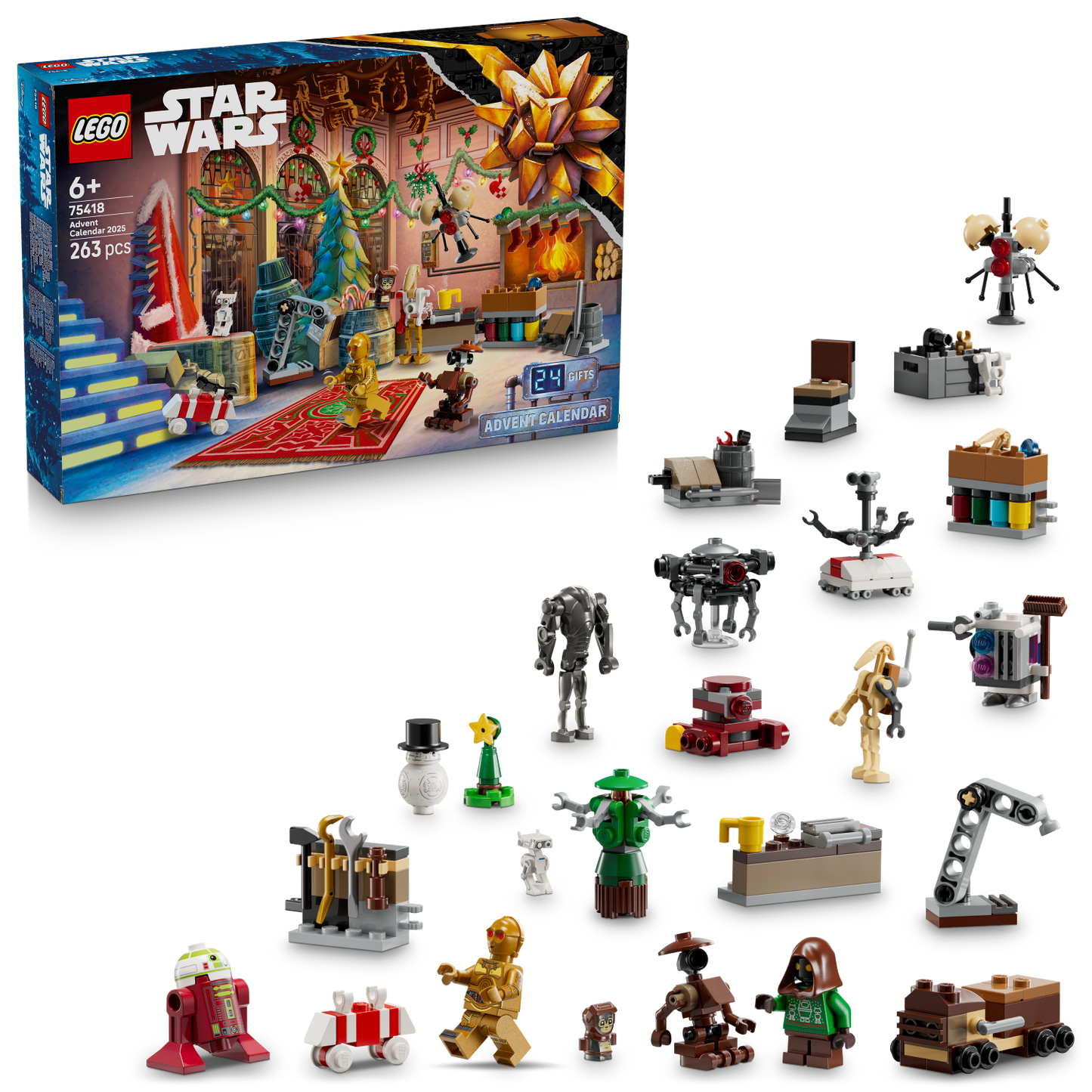 LEGO Star Wars Advent Calendar with various mini figures and set pieces displayed.