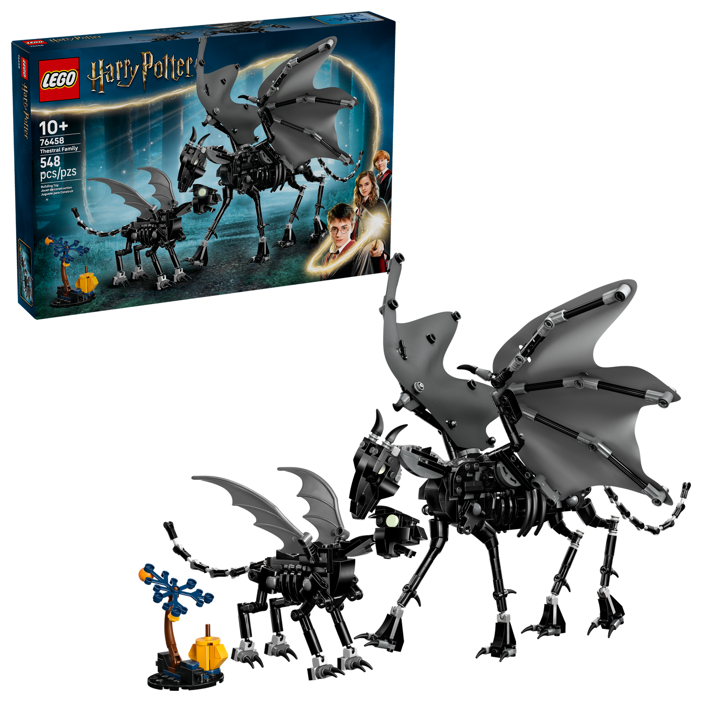 LEGO Harry Potter Thestral Family set, featuring models of an adult and baby Thestral with adjustable parts, and packaging box.