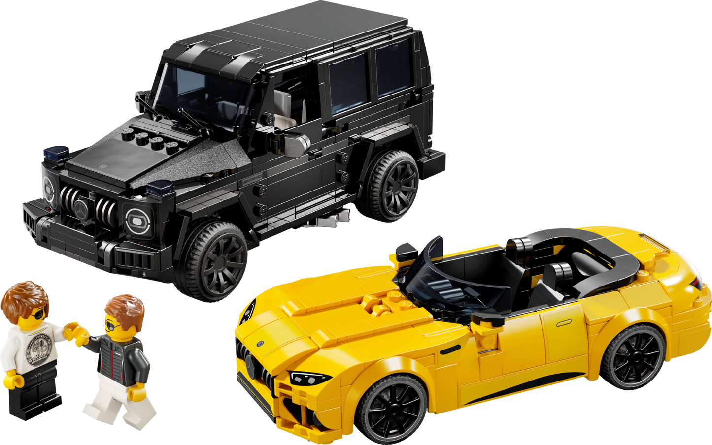 LEGO Speed Champions set featuring models of Mercedes-AMG G63 and Mercedes-AMG SL63. The set includes black and yellow toy cars and driver minifigures.