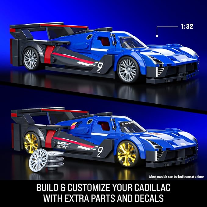 Model car kit of a Cadillac race car with customizable parts on a blue background
