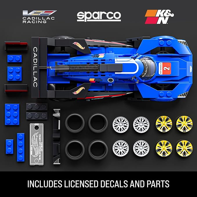 Blue toy car set with branded parts on a black background