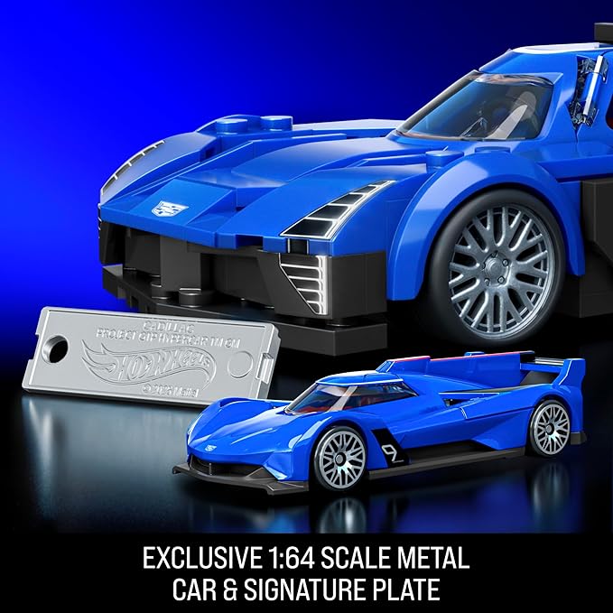 Blue toy car with an exclusive 1:64 scale metal car and signature plate on a reflective surface.