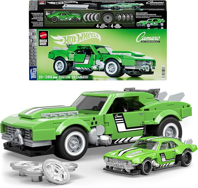 Green toy car set with custom 68 Camaro design, including a larger model and smaller car, with Hot Wheels packaging in the background.