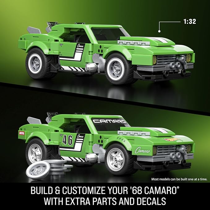 Green model car with '68 Camaro design on a green background