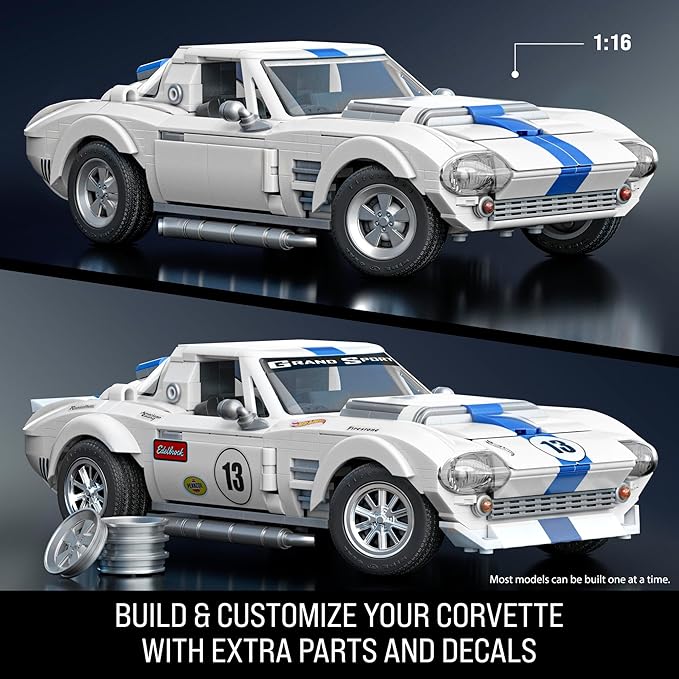 Model car kit of a Corvette with additional parts and decals on a dark background