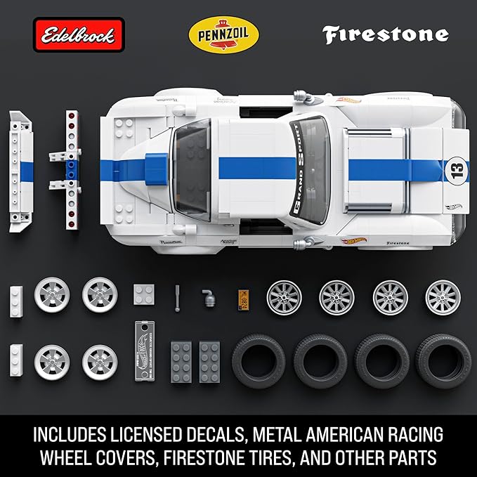 Hot Wheels car set with components on a black background, featuring Edelbrock, Pennzoil, and Firestone logos.