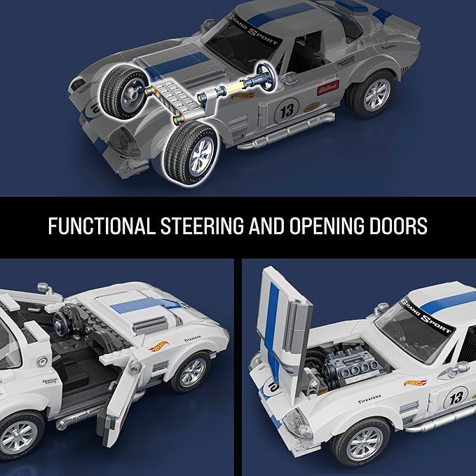 Toy race car model with functional steering and opening doors on a blue background