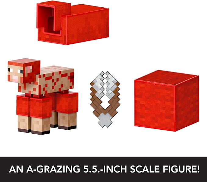 Mattel Minecraft Diamond Level Red Sheep With Fluffy Wool Block & Shears