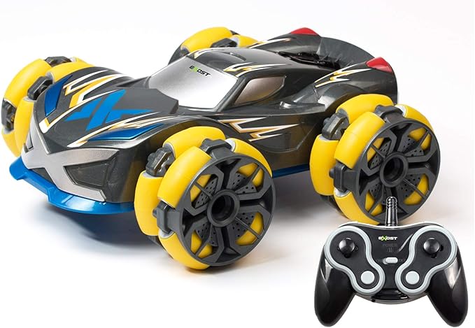 Toy car with yellow wheels and a remote control on a white background