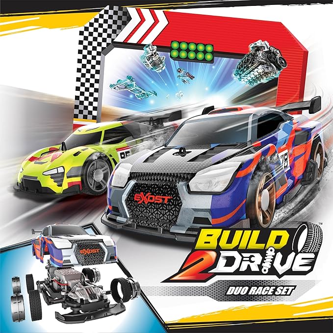 Build and drive duo race set with two racing cars and a track on a colorful background.
