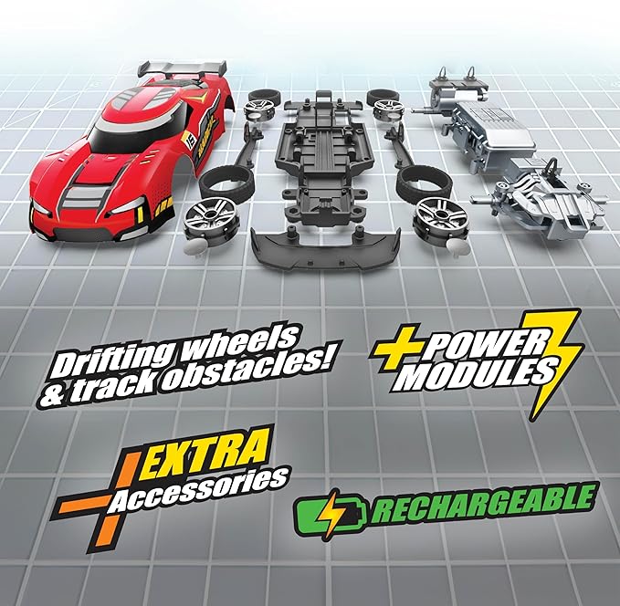 Toy car set with components and accessories on a grid background