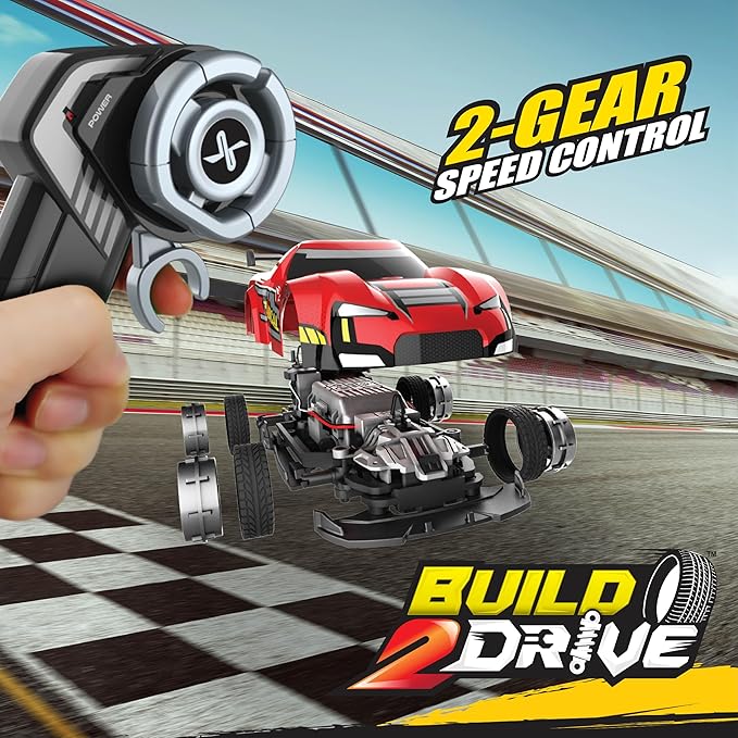 Toy car set with remote control and '2-Gear Speed Control' feature, featuring 'Build 2 Drive' branding.
