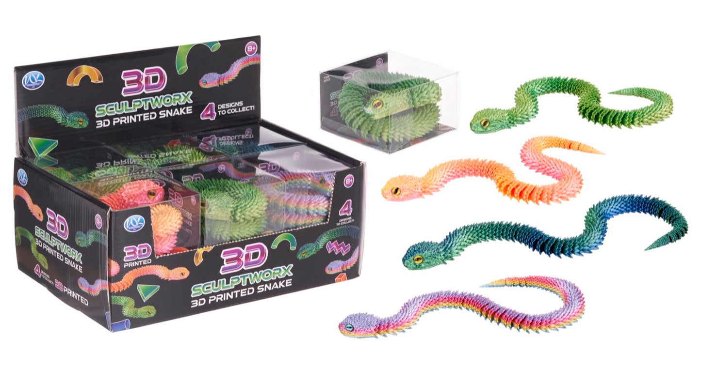 3D printed snakes in packaging with a white background