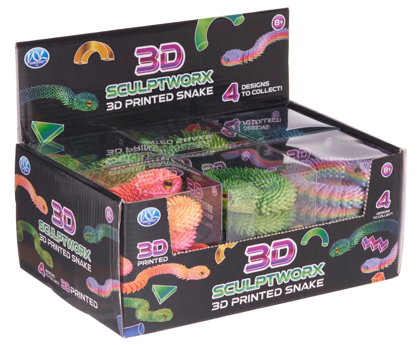 Box of 3D Sculptworx 3D printed snakes with colorful designs on a white background