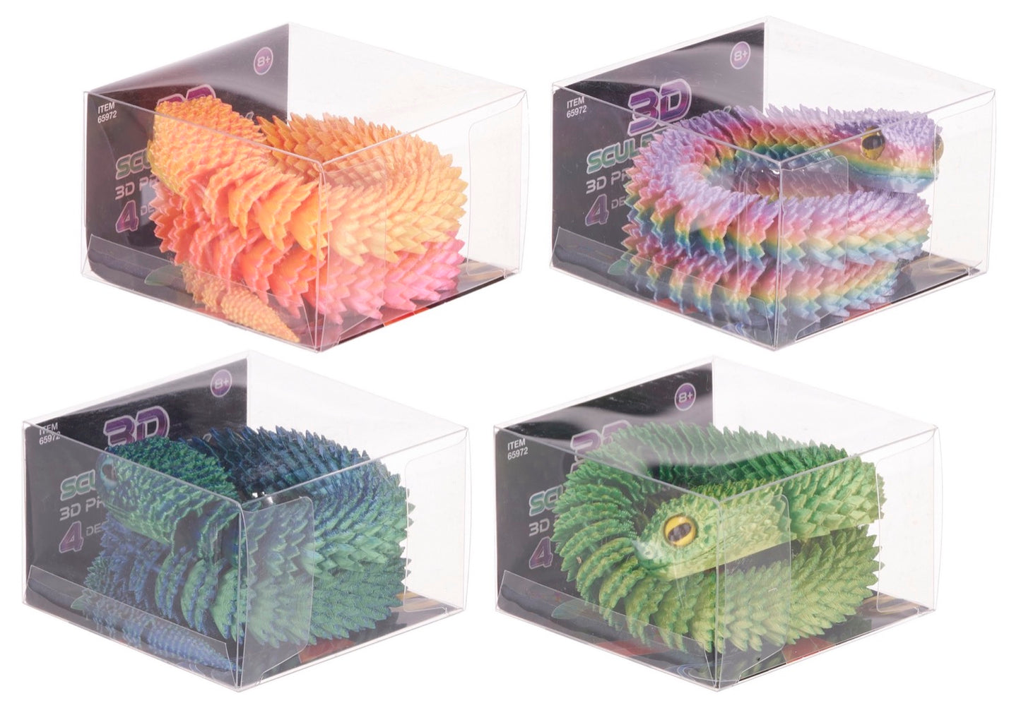 Colorful 3D snake toys in clear packaging on a white background