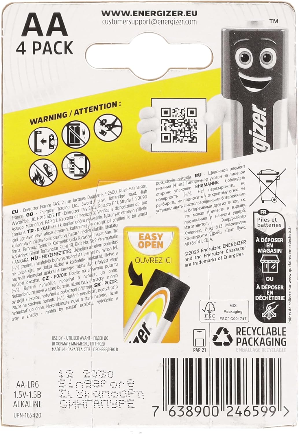 Energizer Alkaline Power AA Batteries, 4 Pack