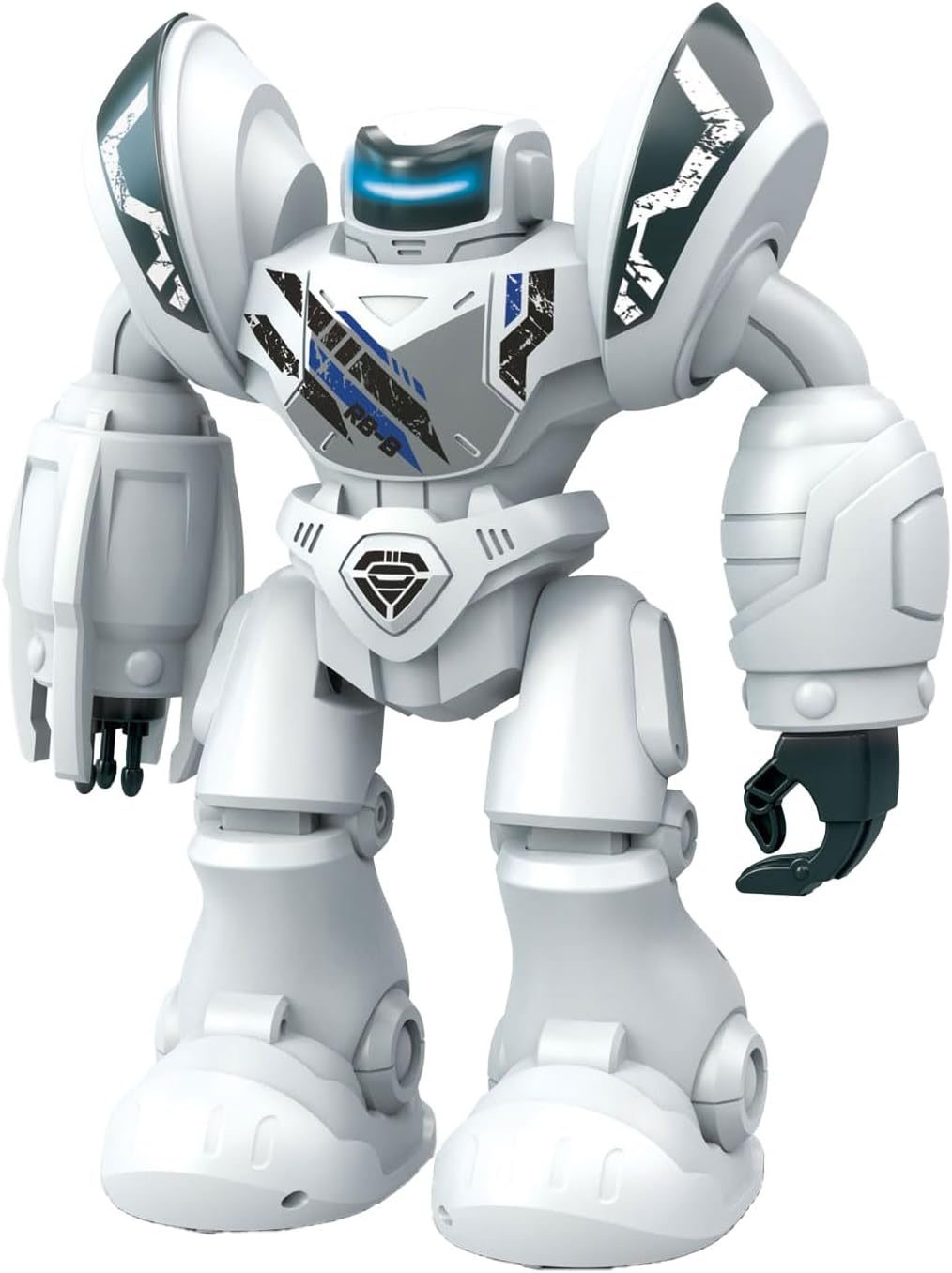 White robot toy with blue accents on a white background