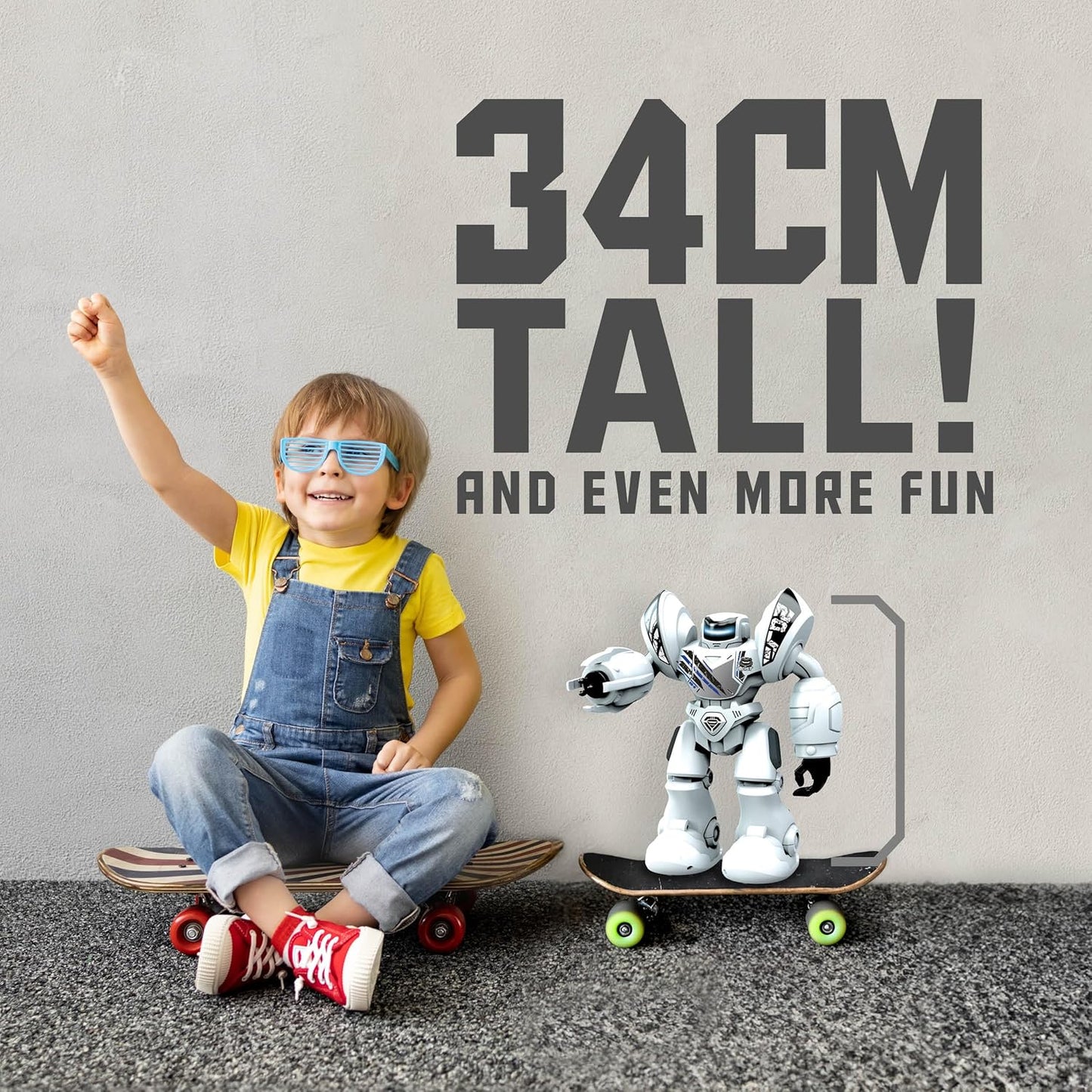 Child with toy robot on skateboard and text indicating size '34CM TALL! AND EVEN MORE FUN' against a plain background