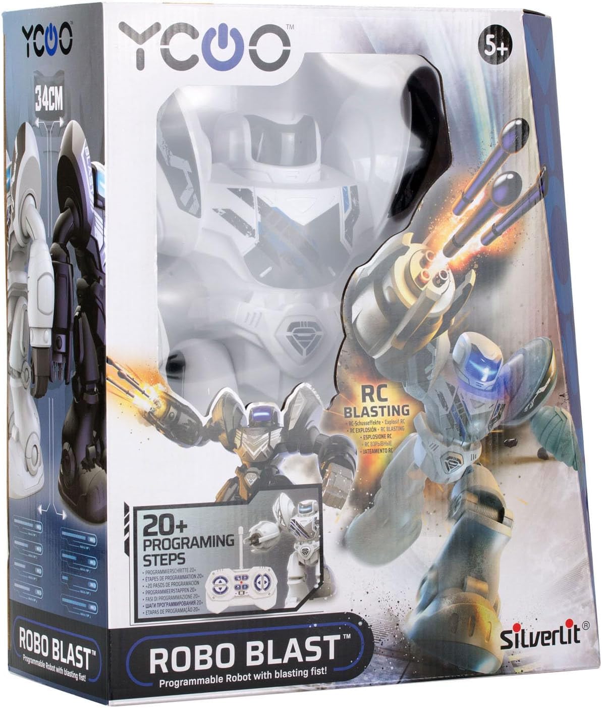 YCOO Robo Blast toy robot packaging with robot illustration and product details.