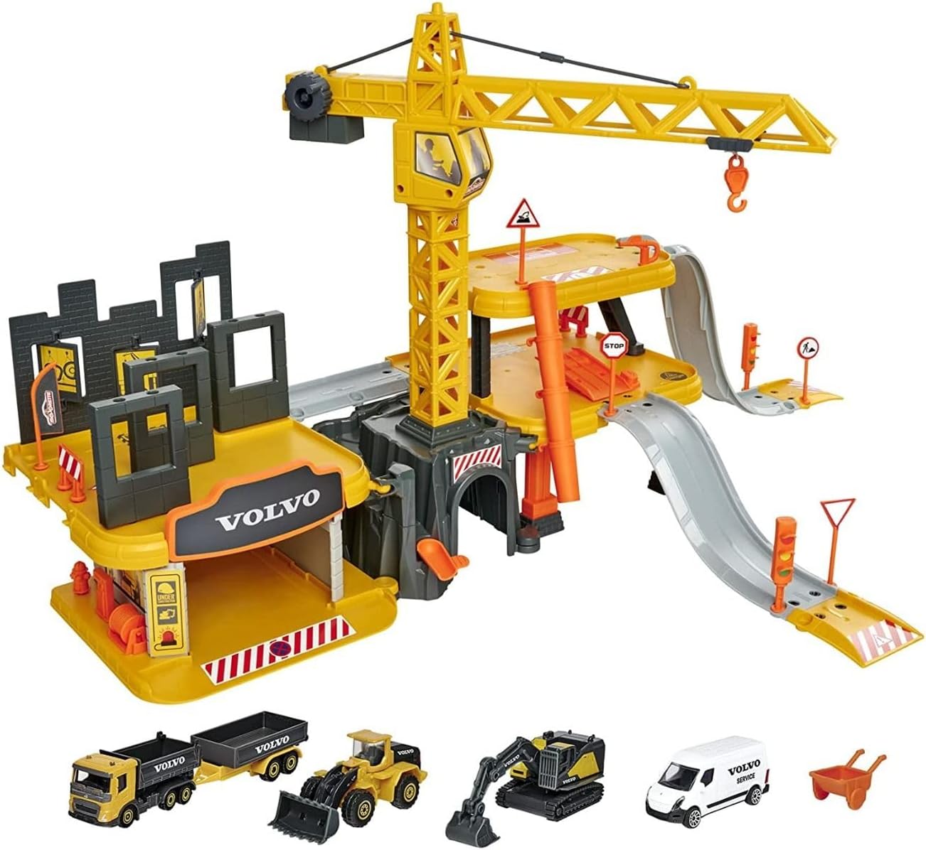 Majorette Volvo Craftix Construction Set with 5 Diecast Cars, Yellow
