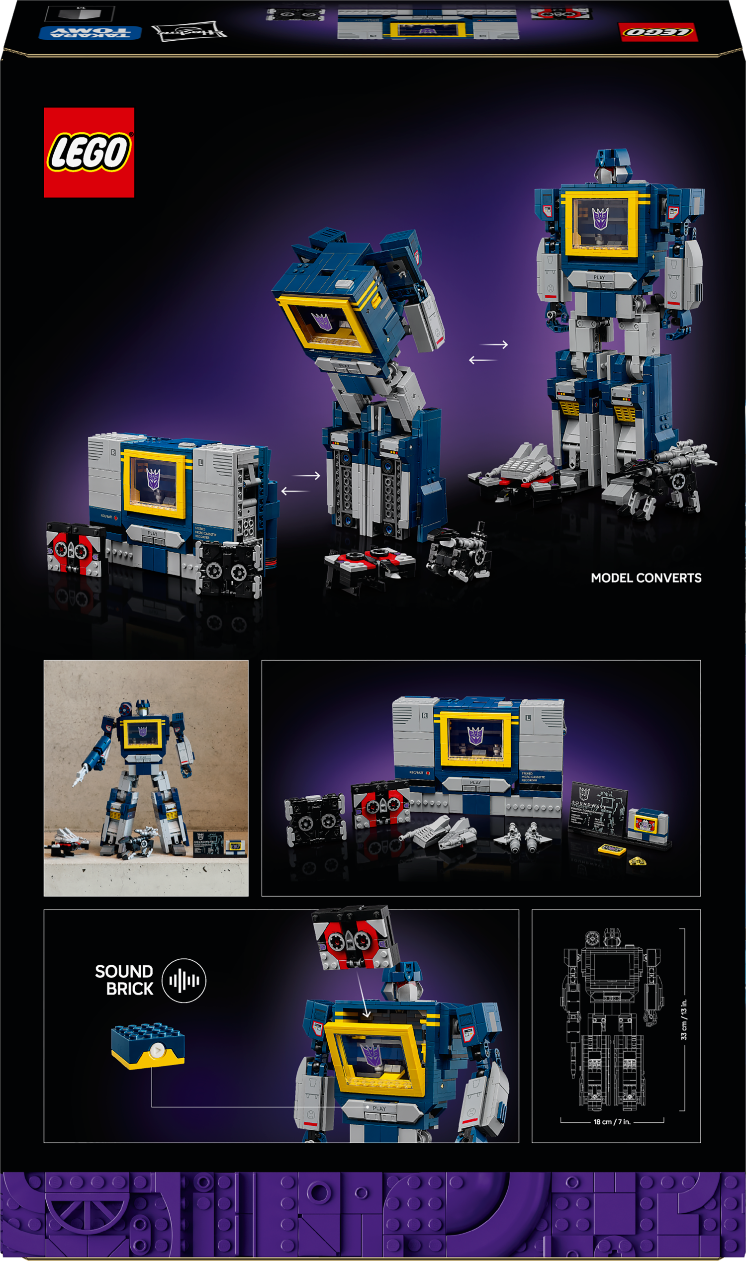 LEGO set packaging with multiple views of a robot model on a dark background