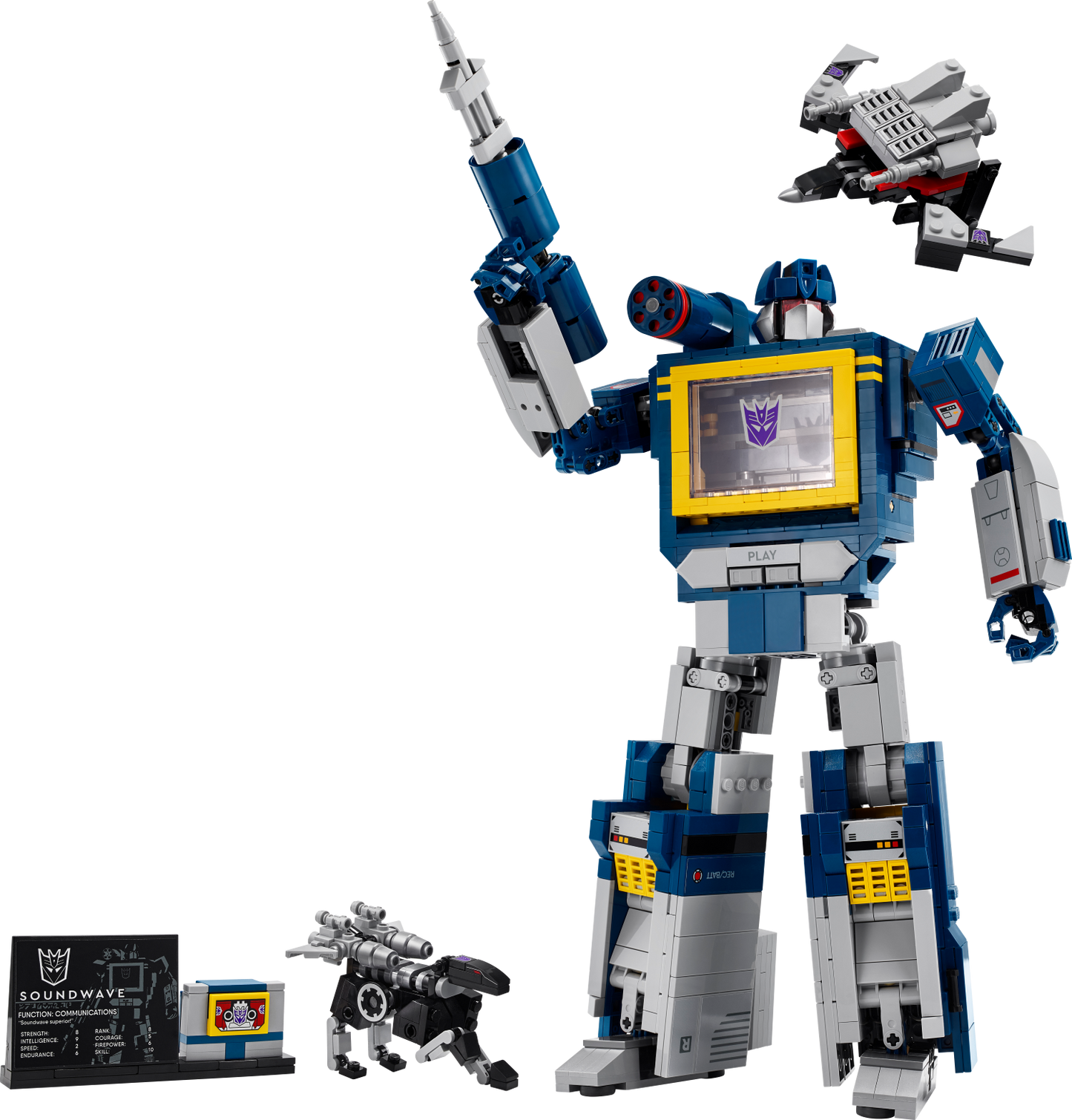 Toy robot figure with a smaller robot and packaging on a white background
