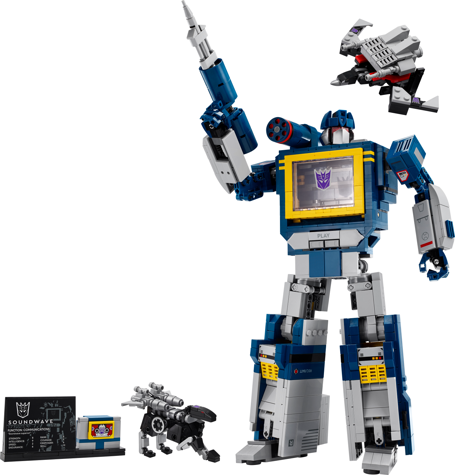 Toy robot figure with a smaller robot and packaging on a white background