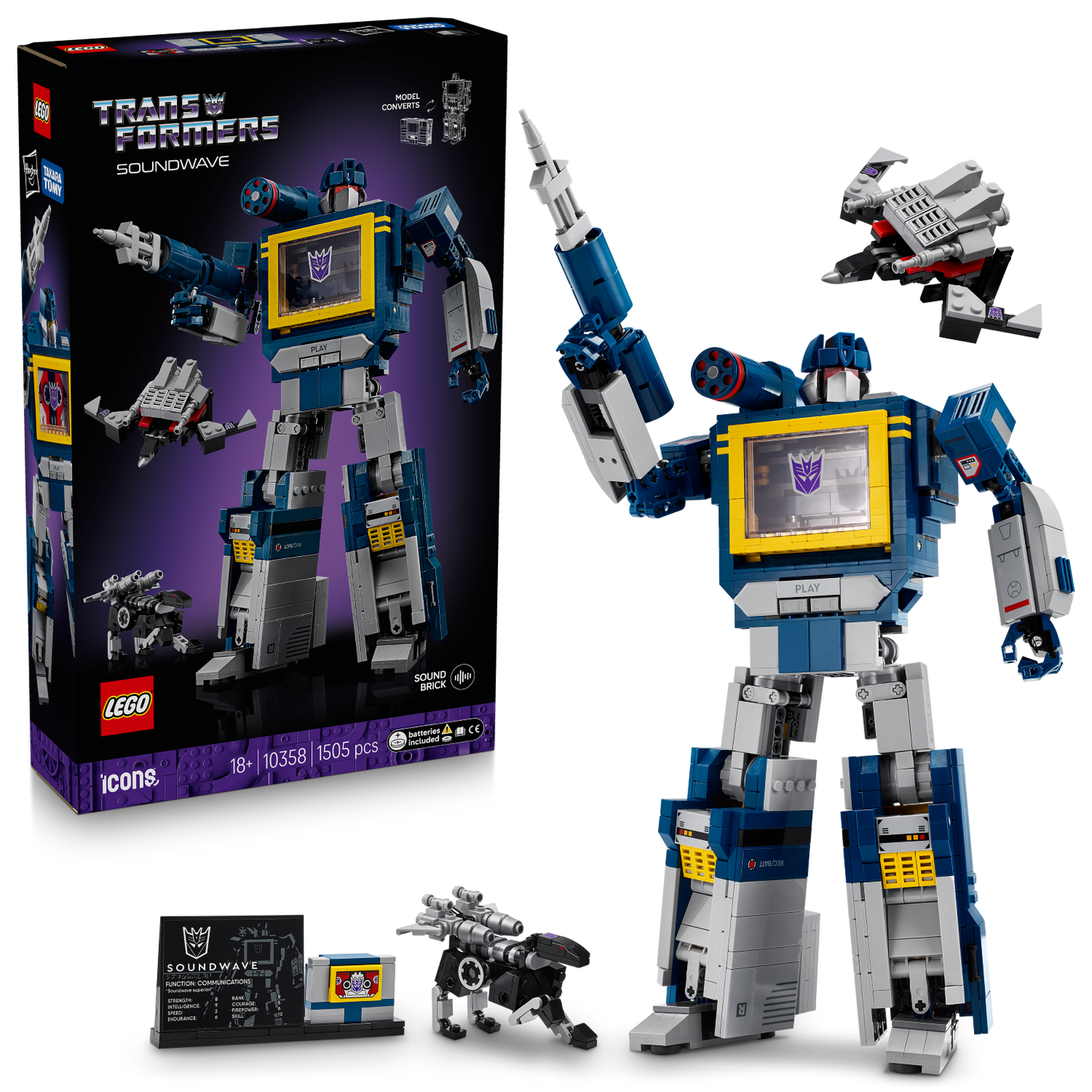 LEGO Transformers Soundwave set with packaging on a white background