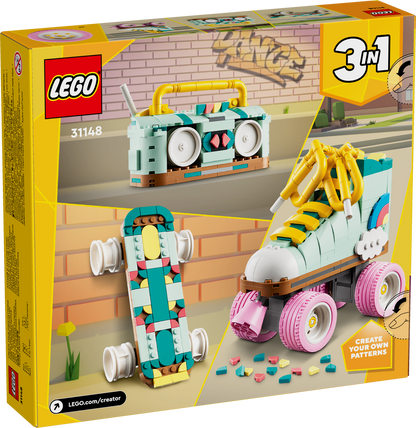 LEGO set packaging with skateboard, roller skates, and boombox on a yellow background