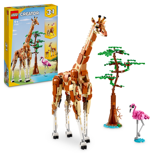 LEGO Creator 3 in 1 giraffe set with packaging and flamingo on a white background