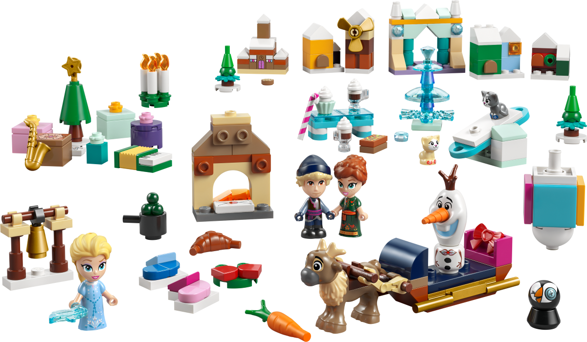 LEGO Disney advent calendar 2025, showing all 24 gifts for each day, with its packaging. 