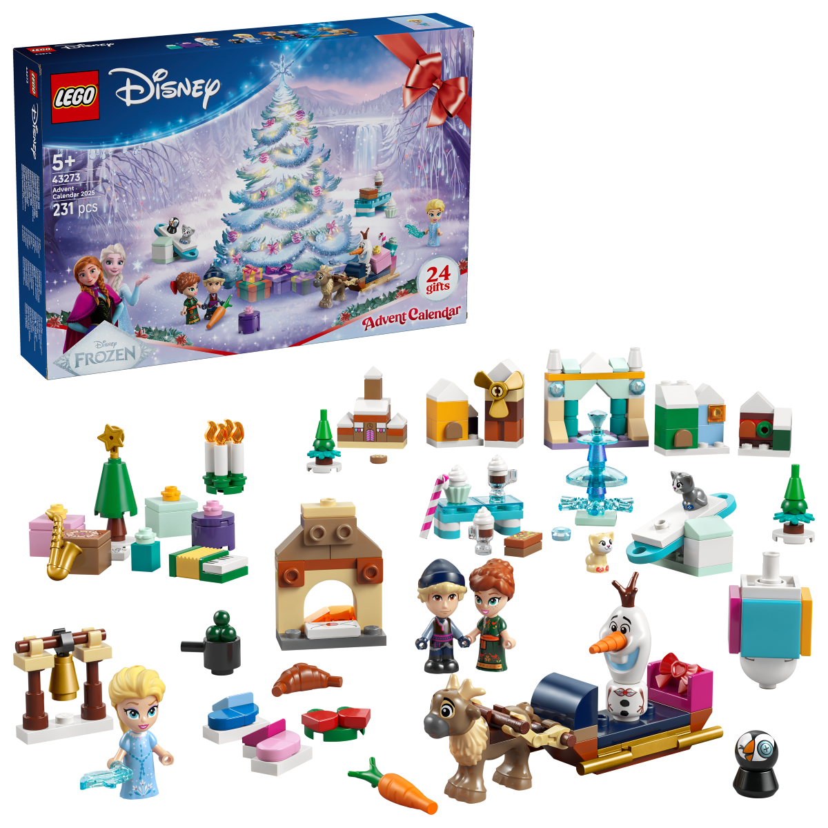 LEGO Disney advent calendar 2025, showing all 24 gifts for each day, with its packaging. 