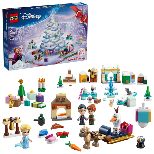LEGO Disney advent calendar 2025, showing all 24 gifts for each day, with its packaging. 