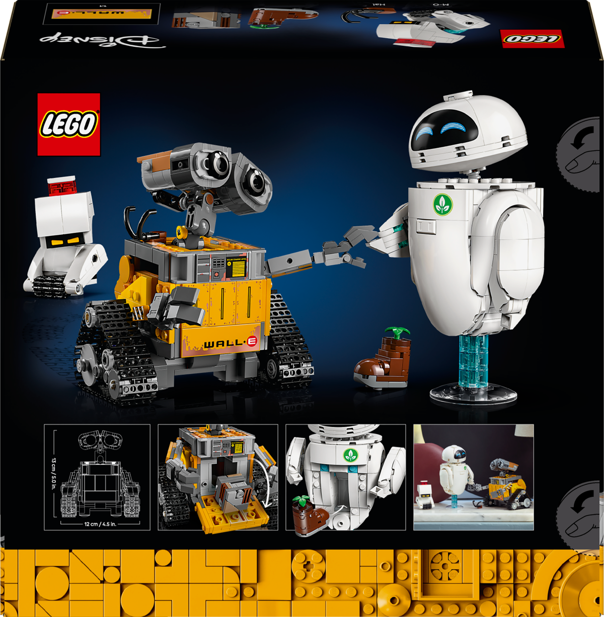 Two robot LEGO toys, one resembling WALL-E and the other resembling EVE from 'EVE,' holding hands on the back of the packaging box.