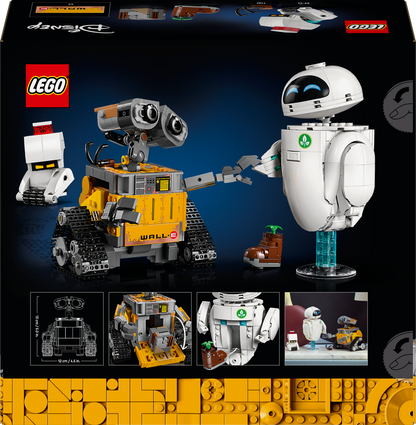 Two robot LEGO toys, one resembling WALL-E and the other resembling EVE from 'EVE,' holding hands on the back of the packaging box.